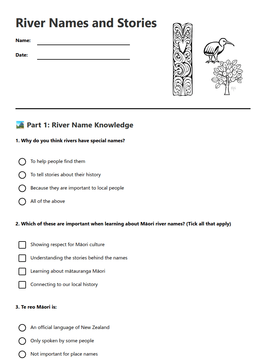 River Names and Stories worksheet preview