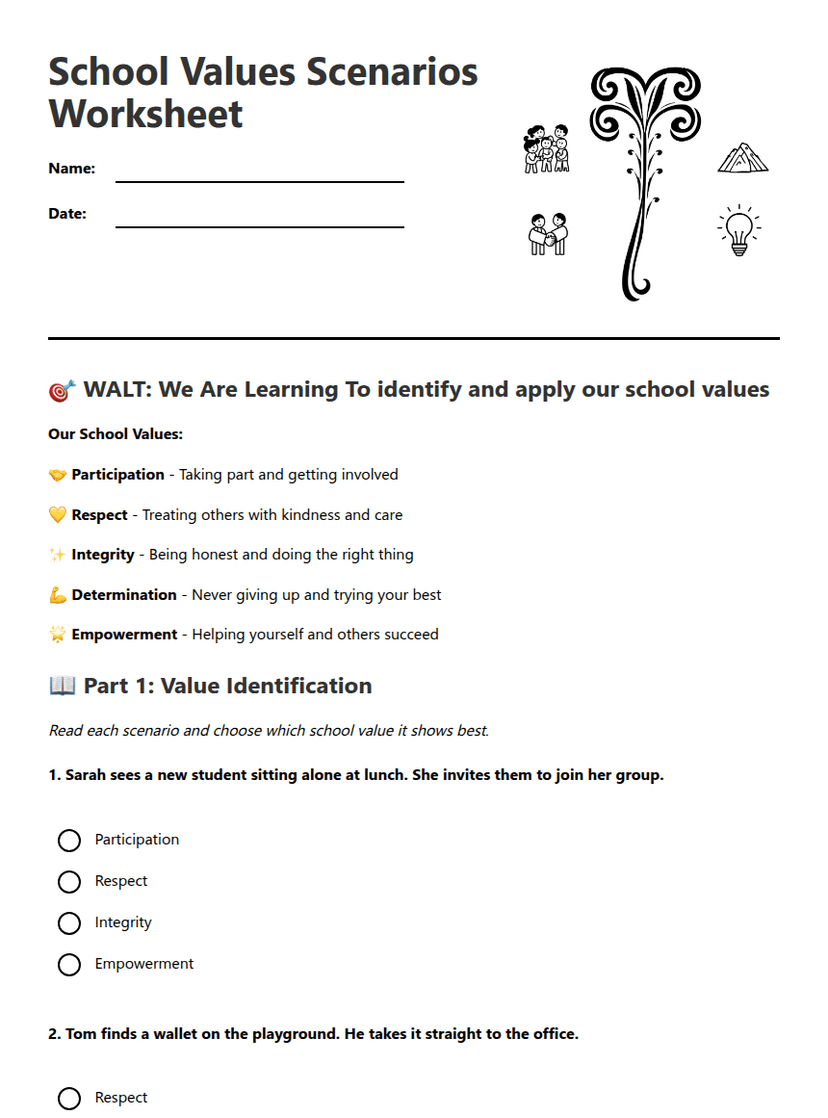 School Values Scenarios Worksheet