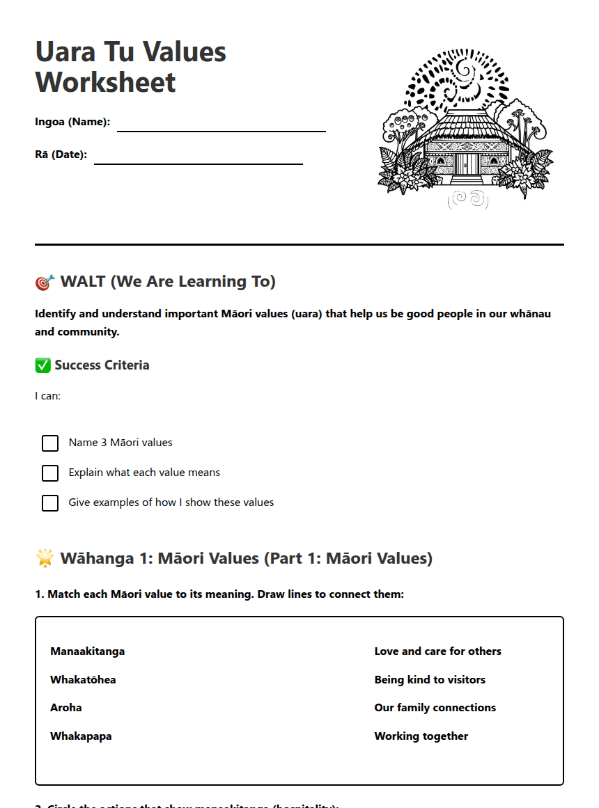 Uara Tu Values Worksheet worksheet preview