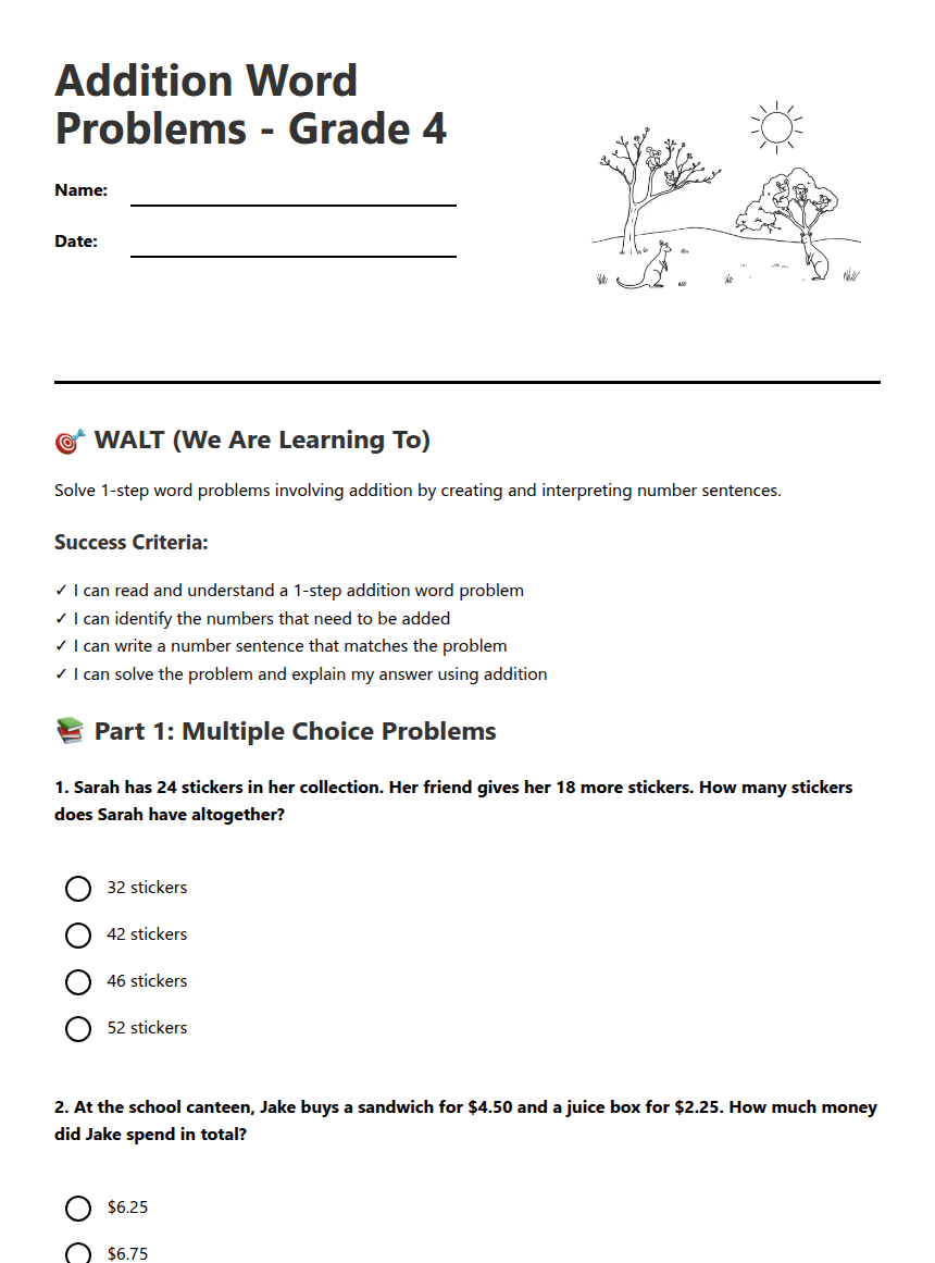 Addition Word Problems worksheet preview