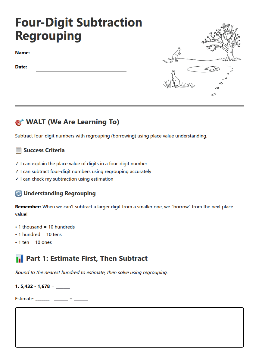 Four-Digit Subtraction Regrouping worksheet preview