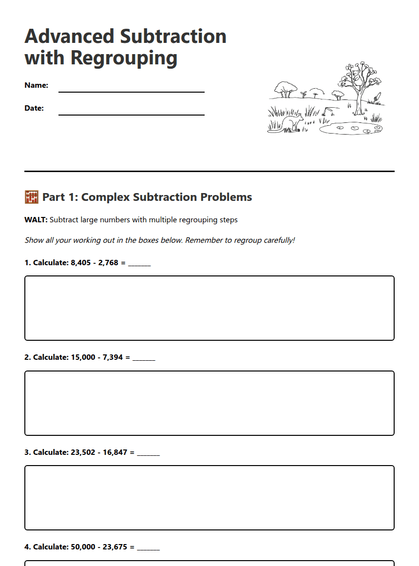 Advanced Subtraction with Regrouping worksheet preview