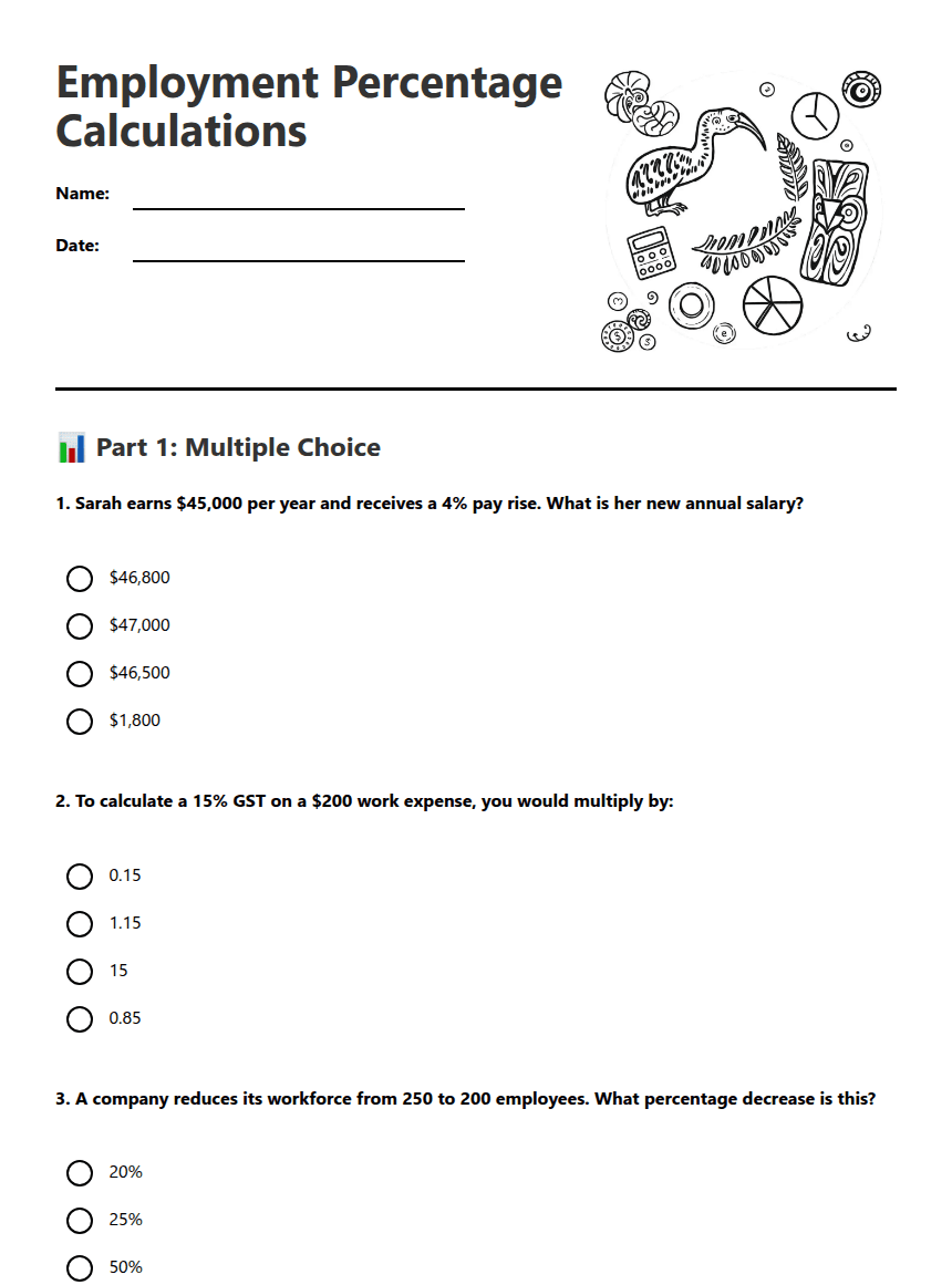 Employment Percentage Calculations worksheet preview