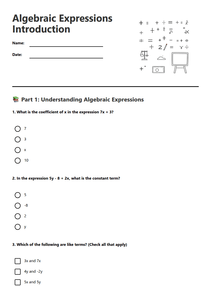 Algebraic Expressions Introduction worksheet preview