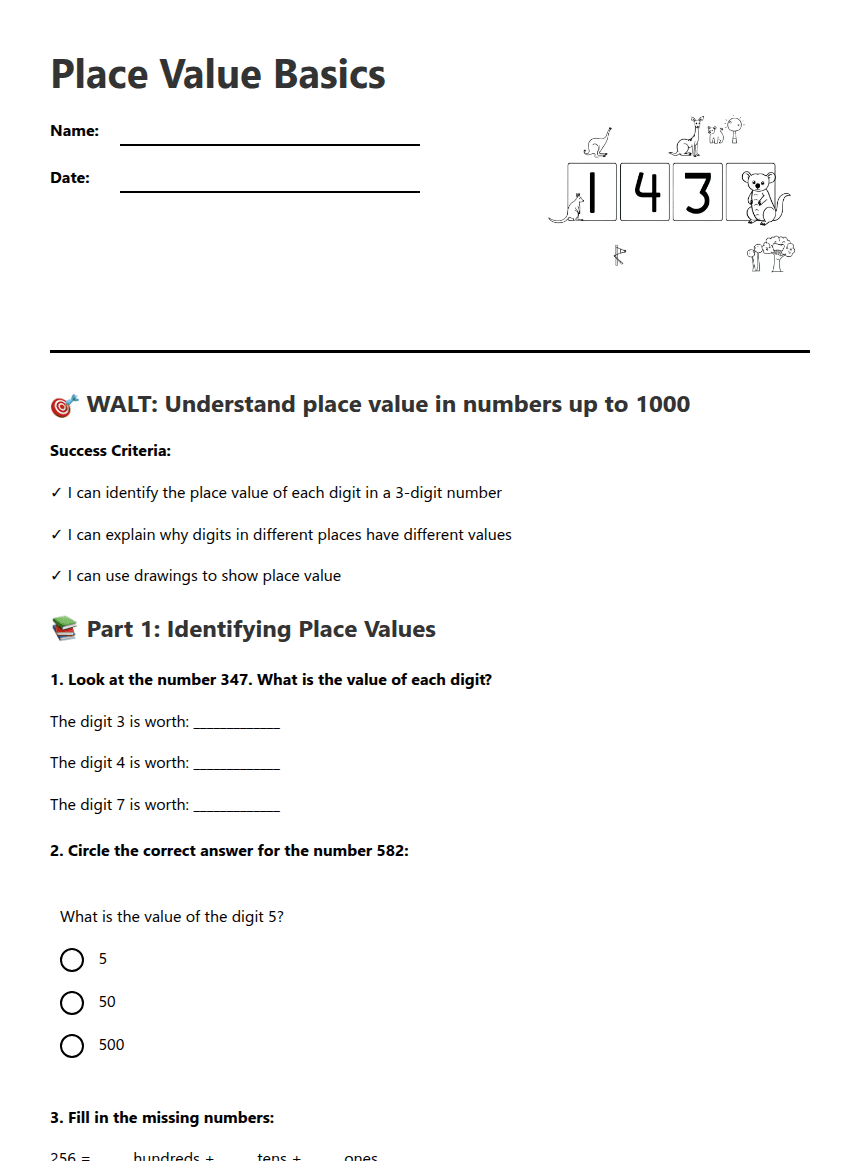 Place Value Basics worksheet preview