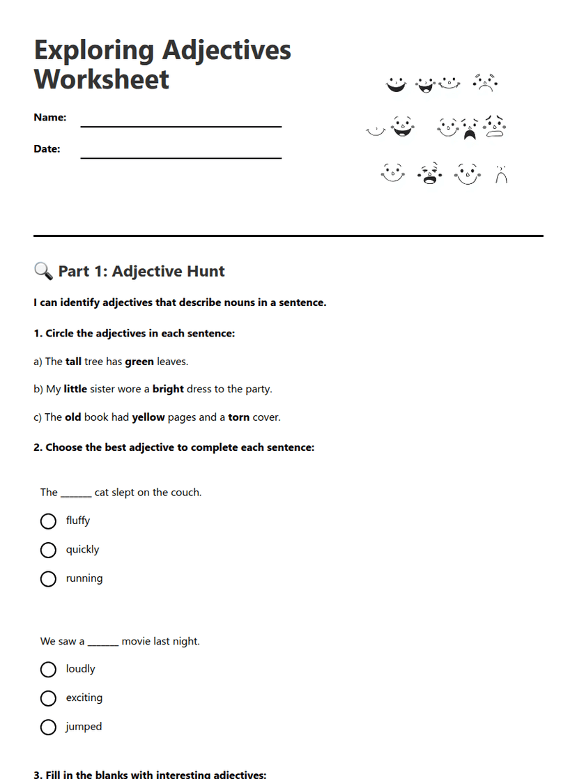 Exploring Adjectives Worksheet