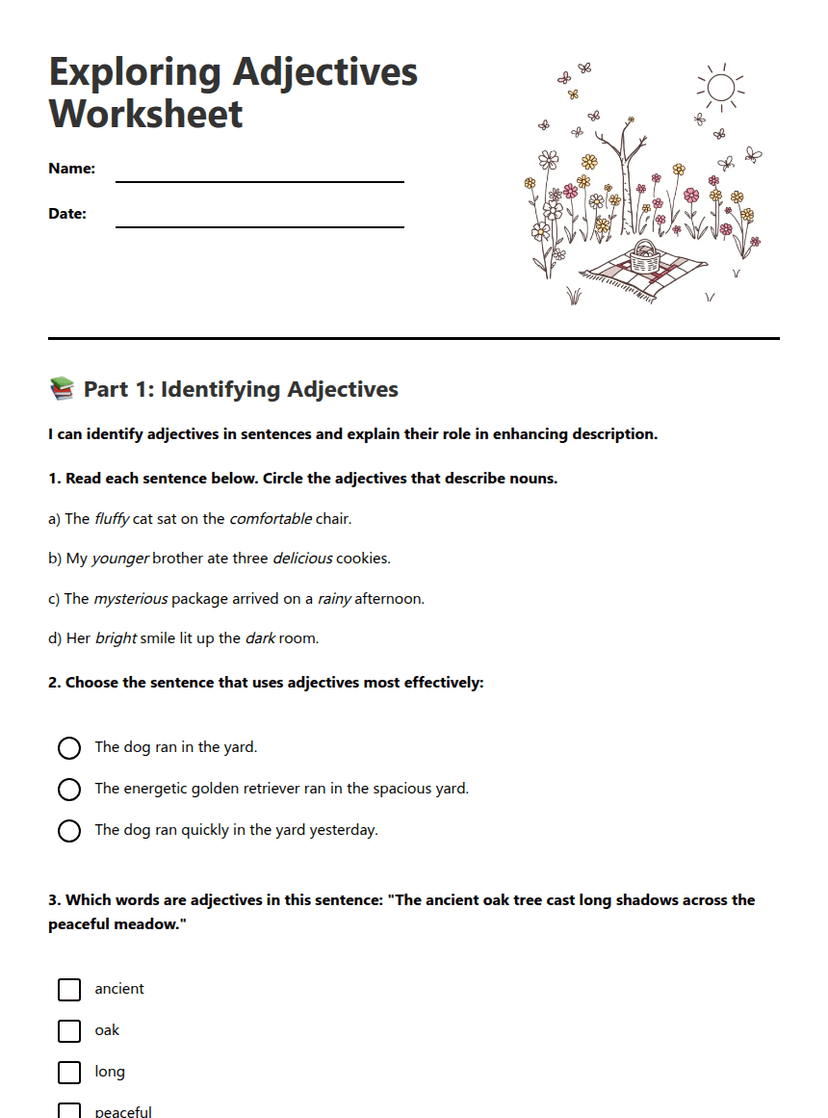Exploring Adjectives Worksheet