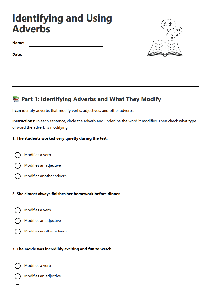 Identifying and Using Adverbs worksheet preview