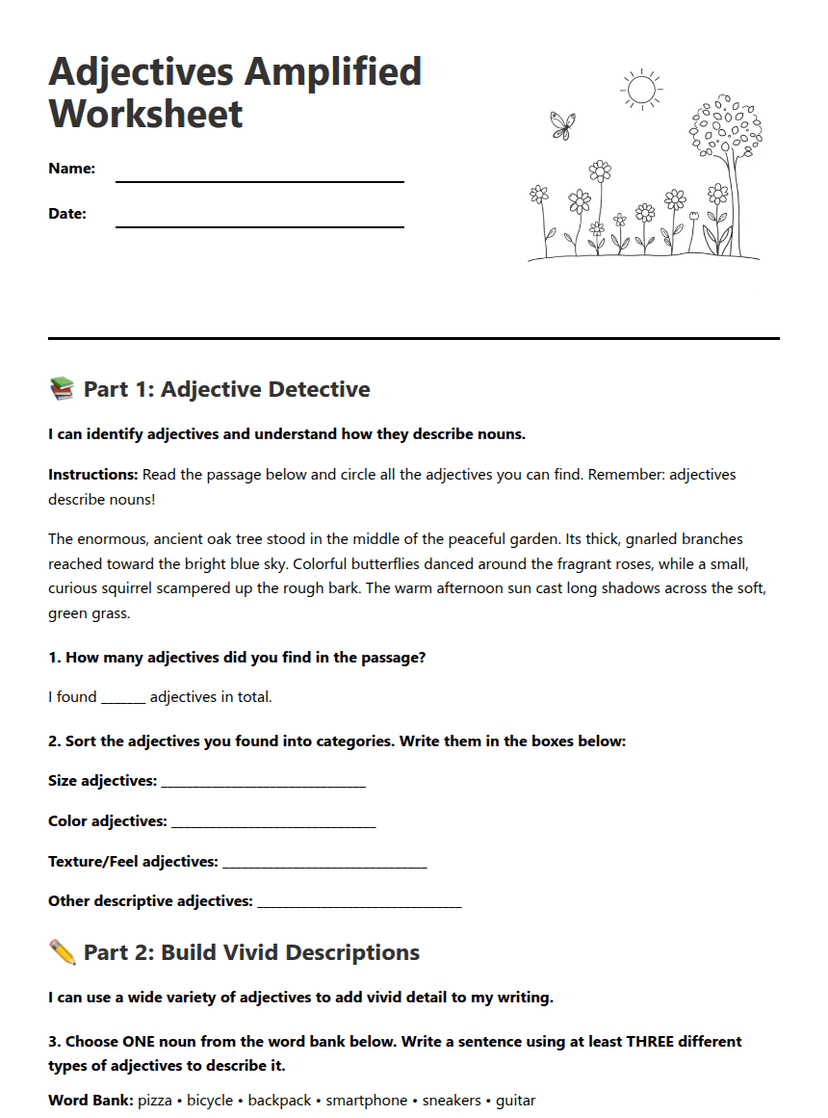 Adjectives Amplified Worksheet