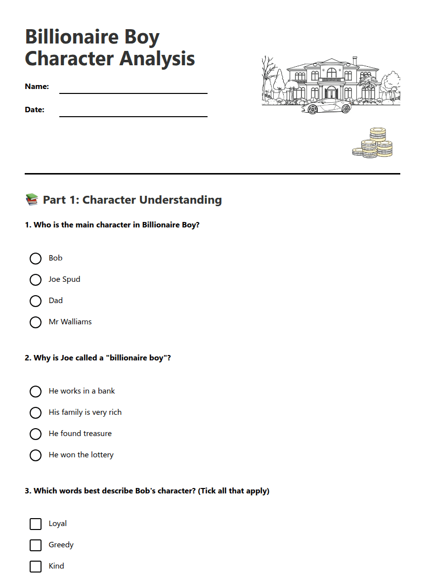 Billionaire Boy Character Analysis worksheet preview