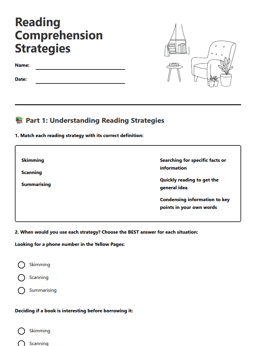 Reading Comprehension Strategies worksheet preview