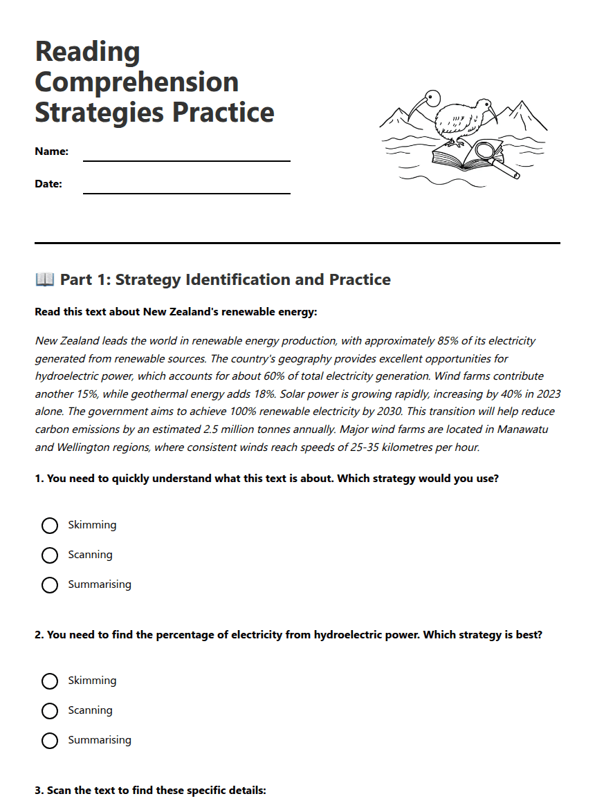 Reading Comprehension Strategies Practice worksheet preview
