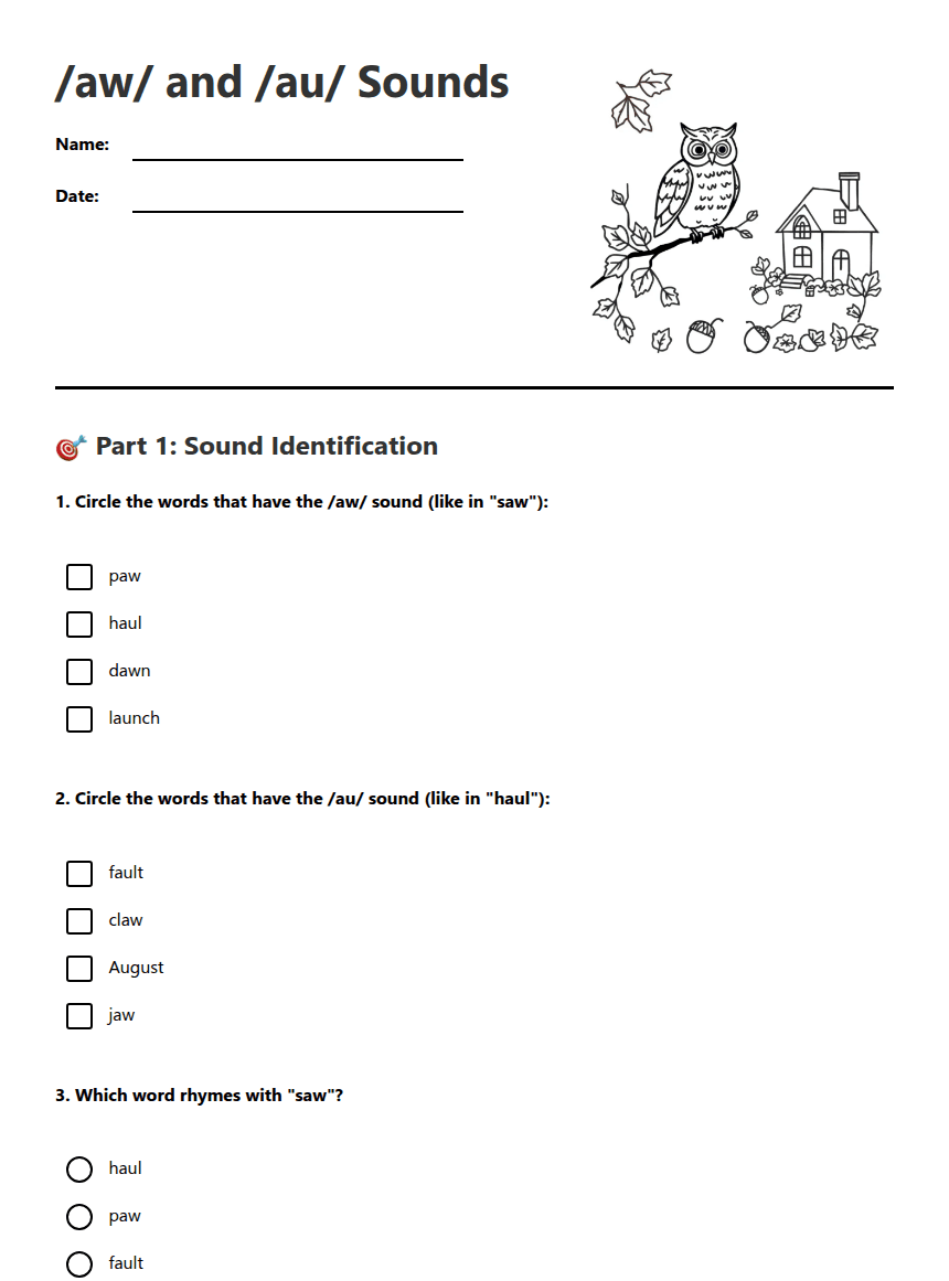 /aw/ and /au/ Sounds worksheet preview