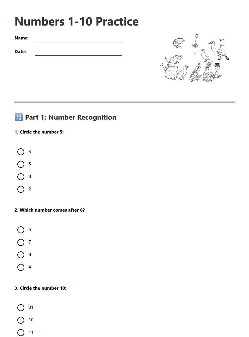 Numbers 1-10 Practice worksheet preview