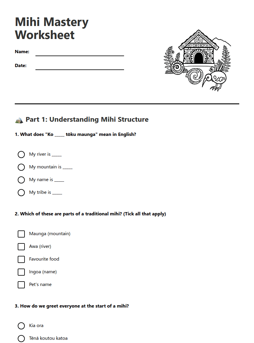 Mihi Mastery Worksheet worksheet preview