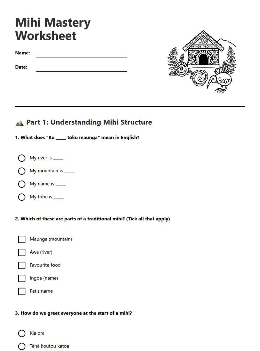 Mihi Mastery Worksheet