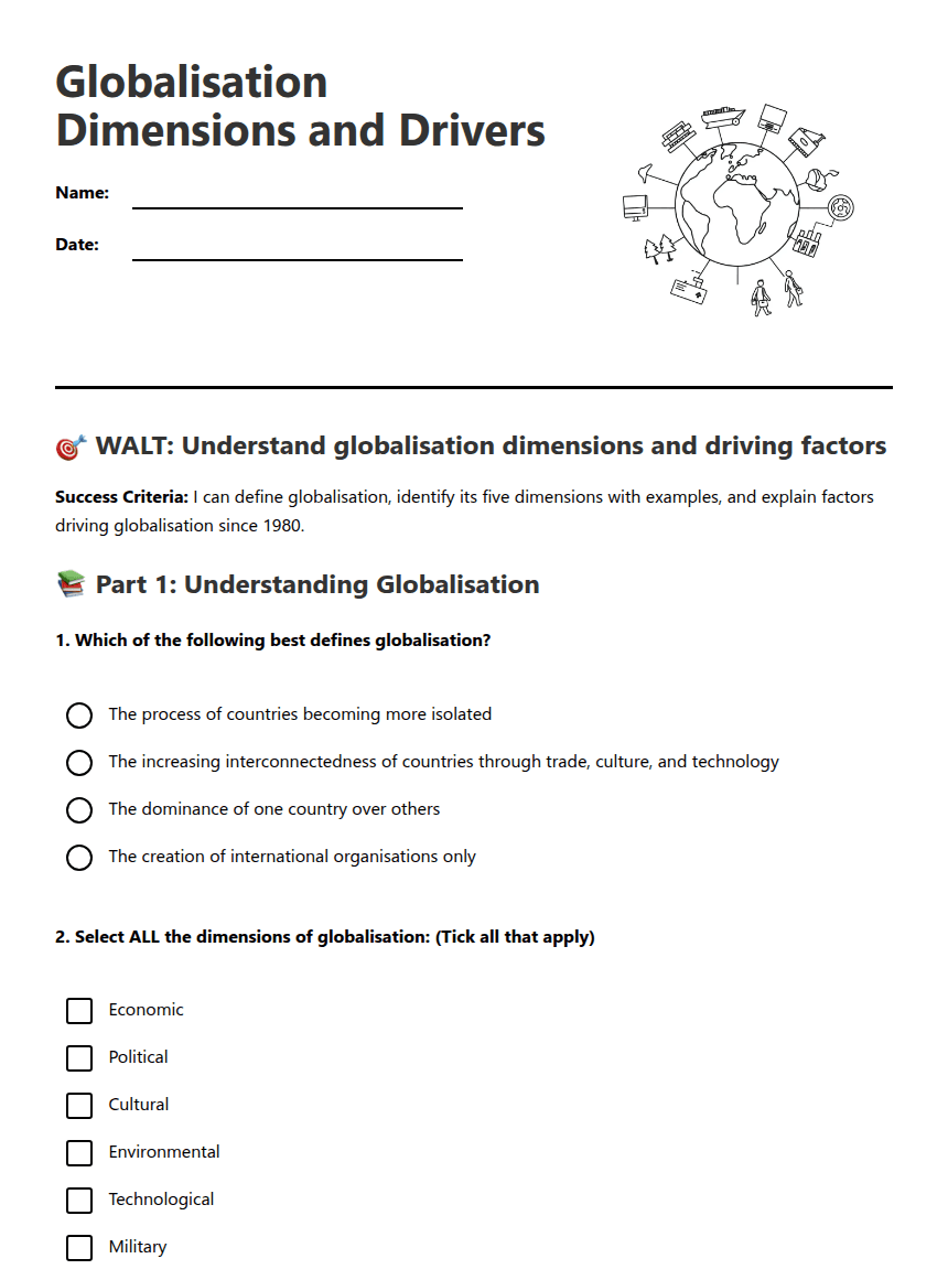 Globalisation Dimensions and Drivers worksheet preview