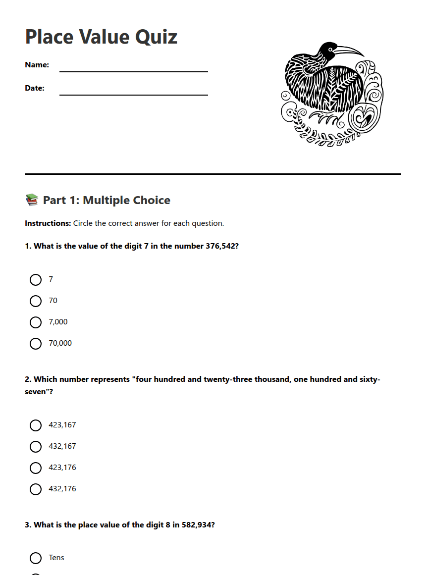 Place Value Quiz worksheet preview