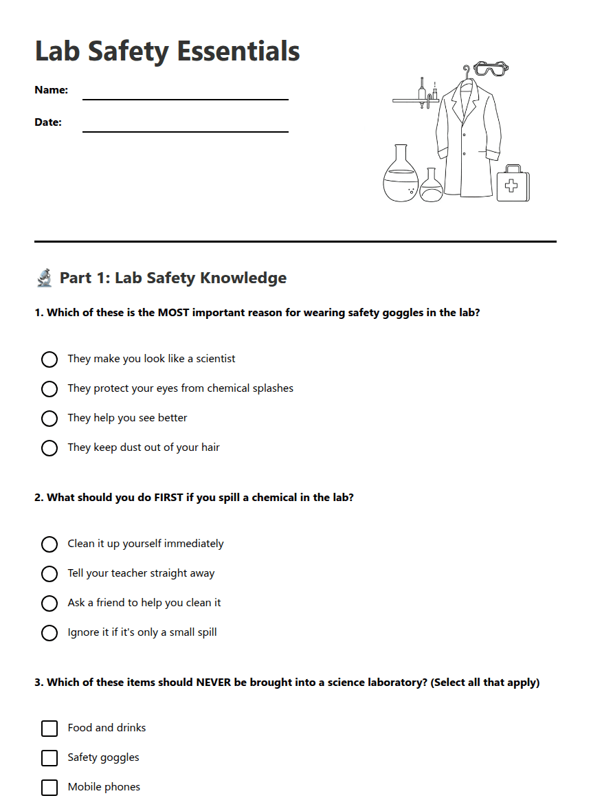 Lab Safety Essentials worksheet preview