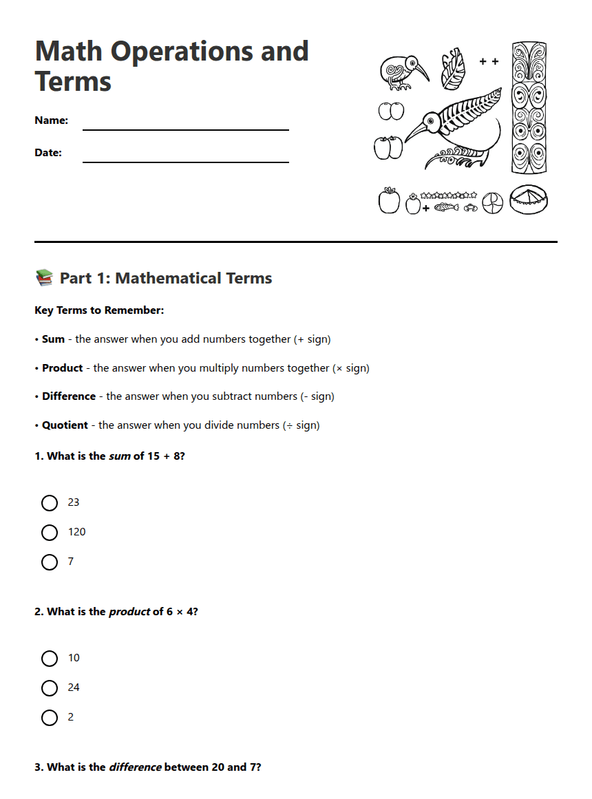 Math Operations and Terms worksheet preview