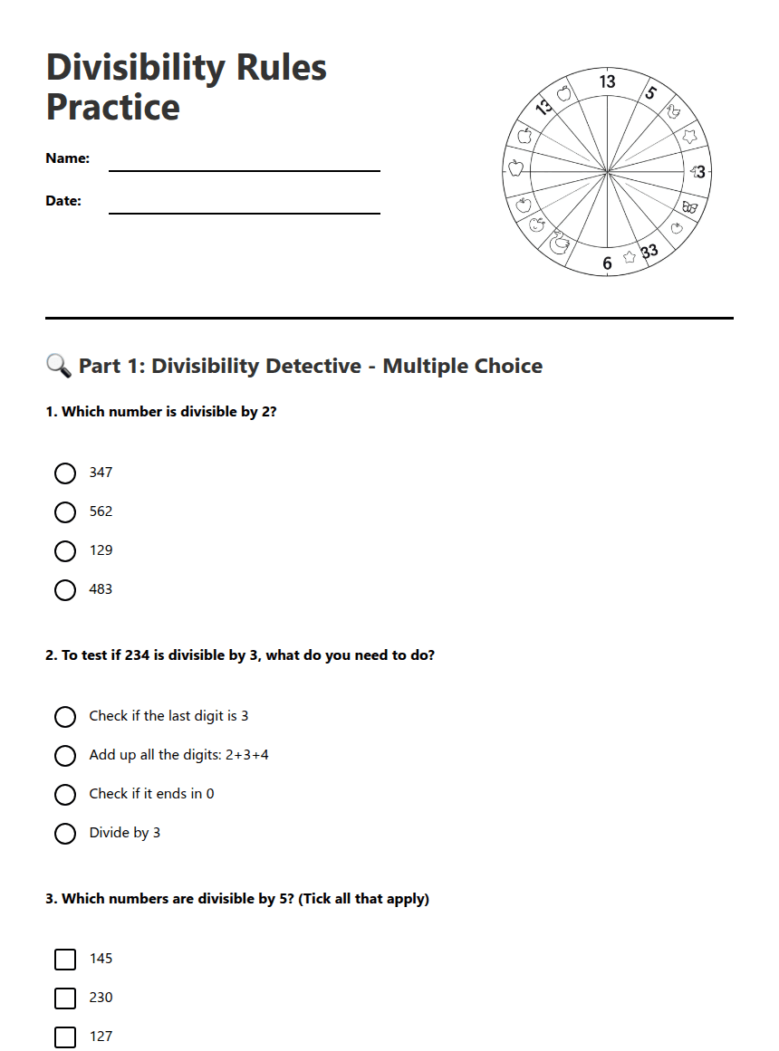 Divisibility Rules Practice worksheet preview