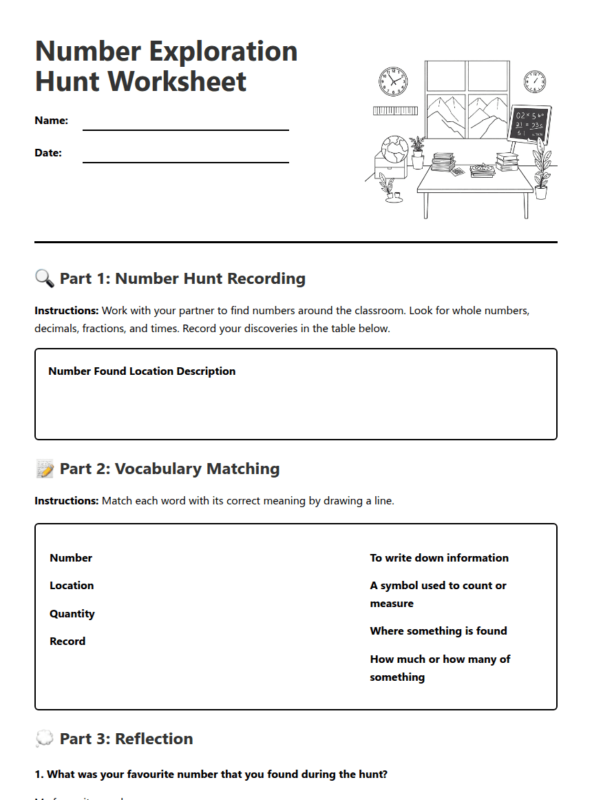 Number Exploration Hunt Worksheet worksheet preview