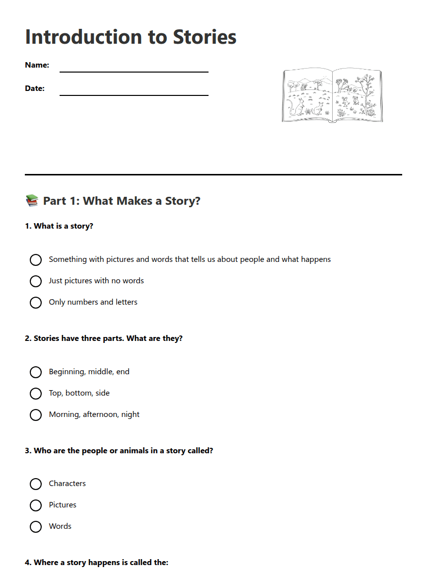 Introduction to Stories worksheet preview
