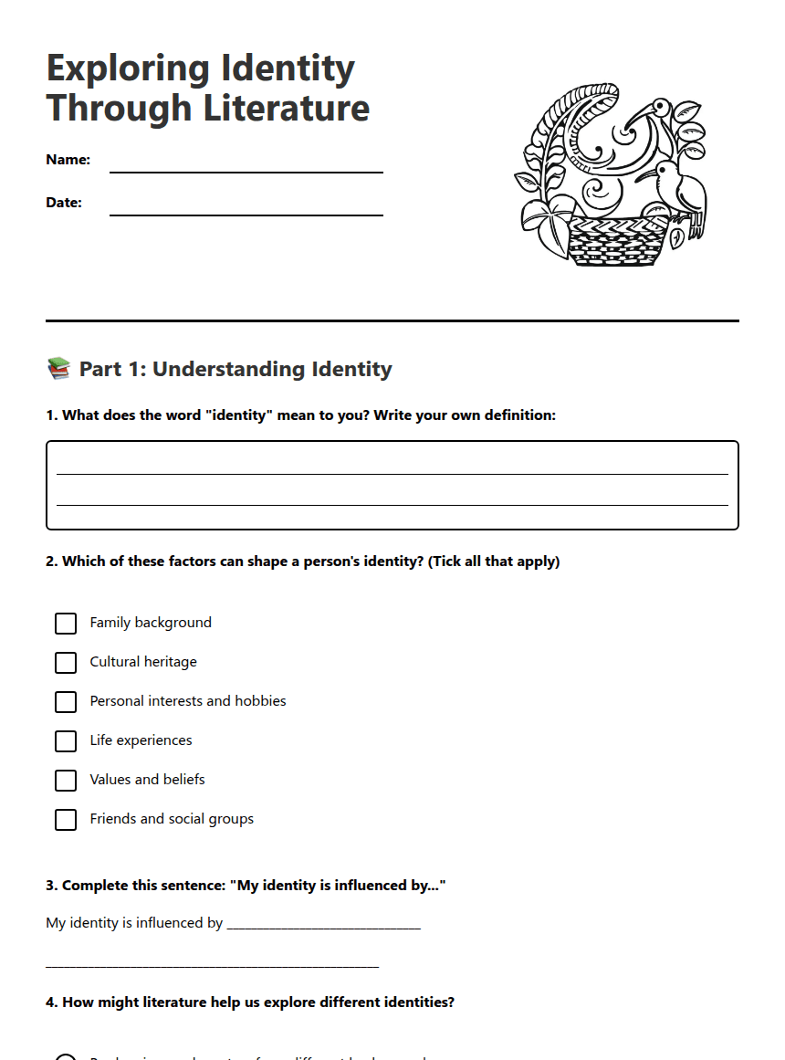 Exploring Identity Through Literature worksheet preview