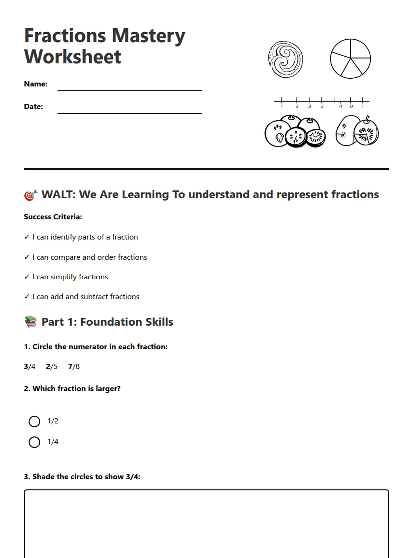 Fractions Mastery Worksheet