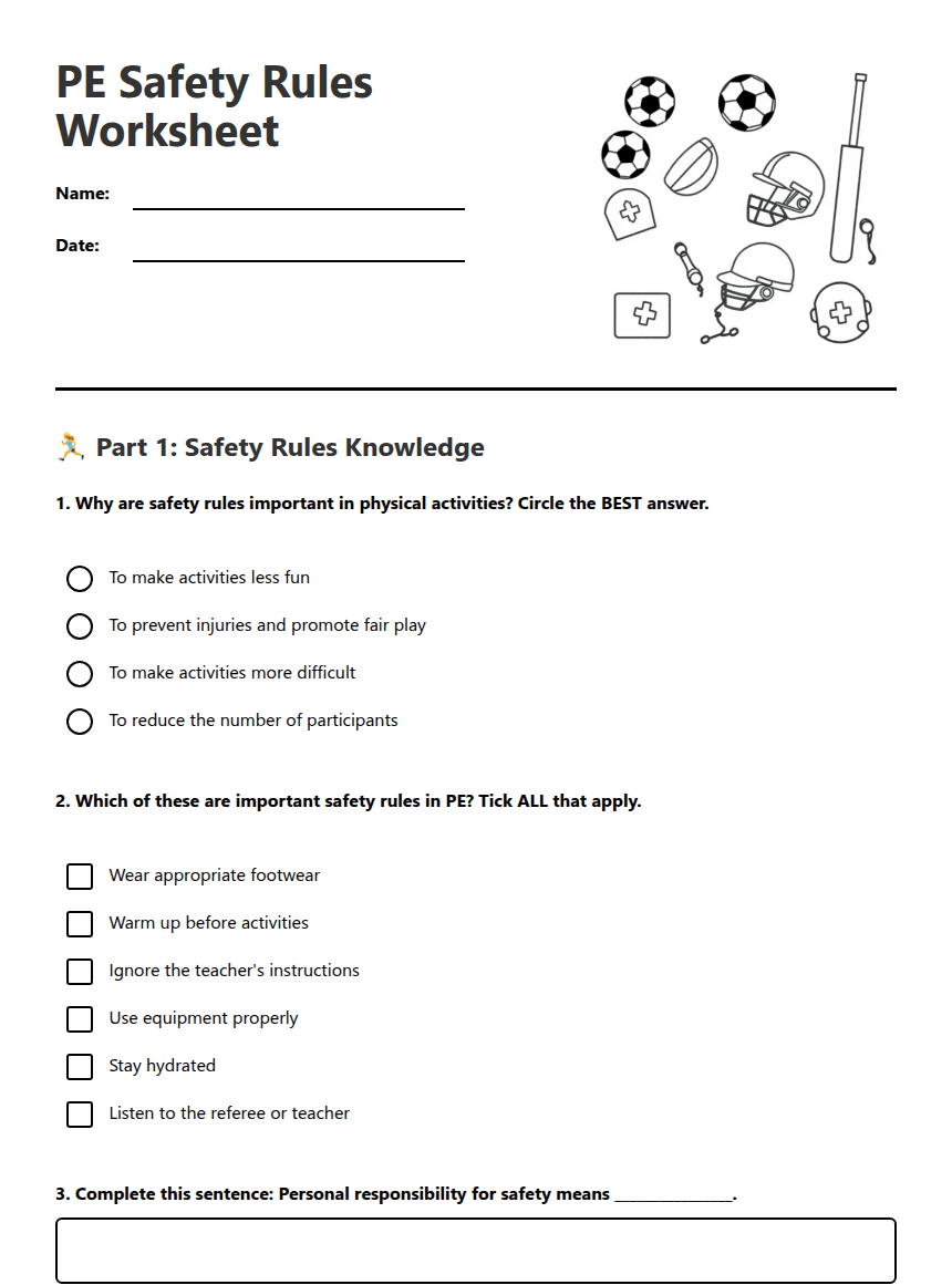 PE Safety Rules Worksheet worksheet preview