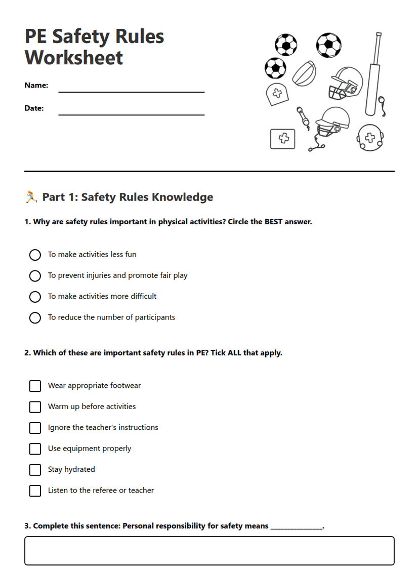 PE Safety Rules Worksheet
