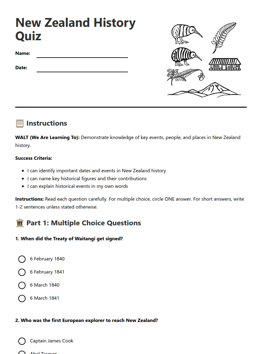 New Zealand History Quiz worksheet preview