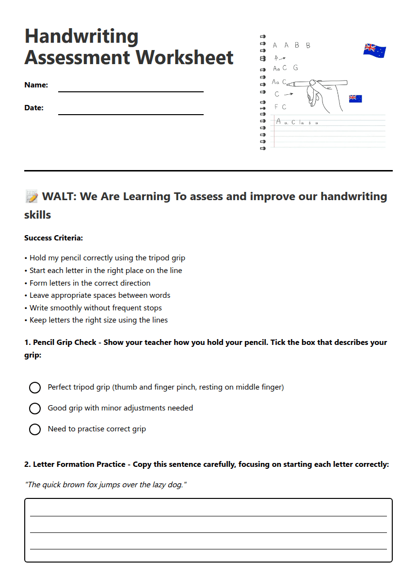 Handwriting Assessment Worksheet worksheet preview