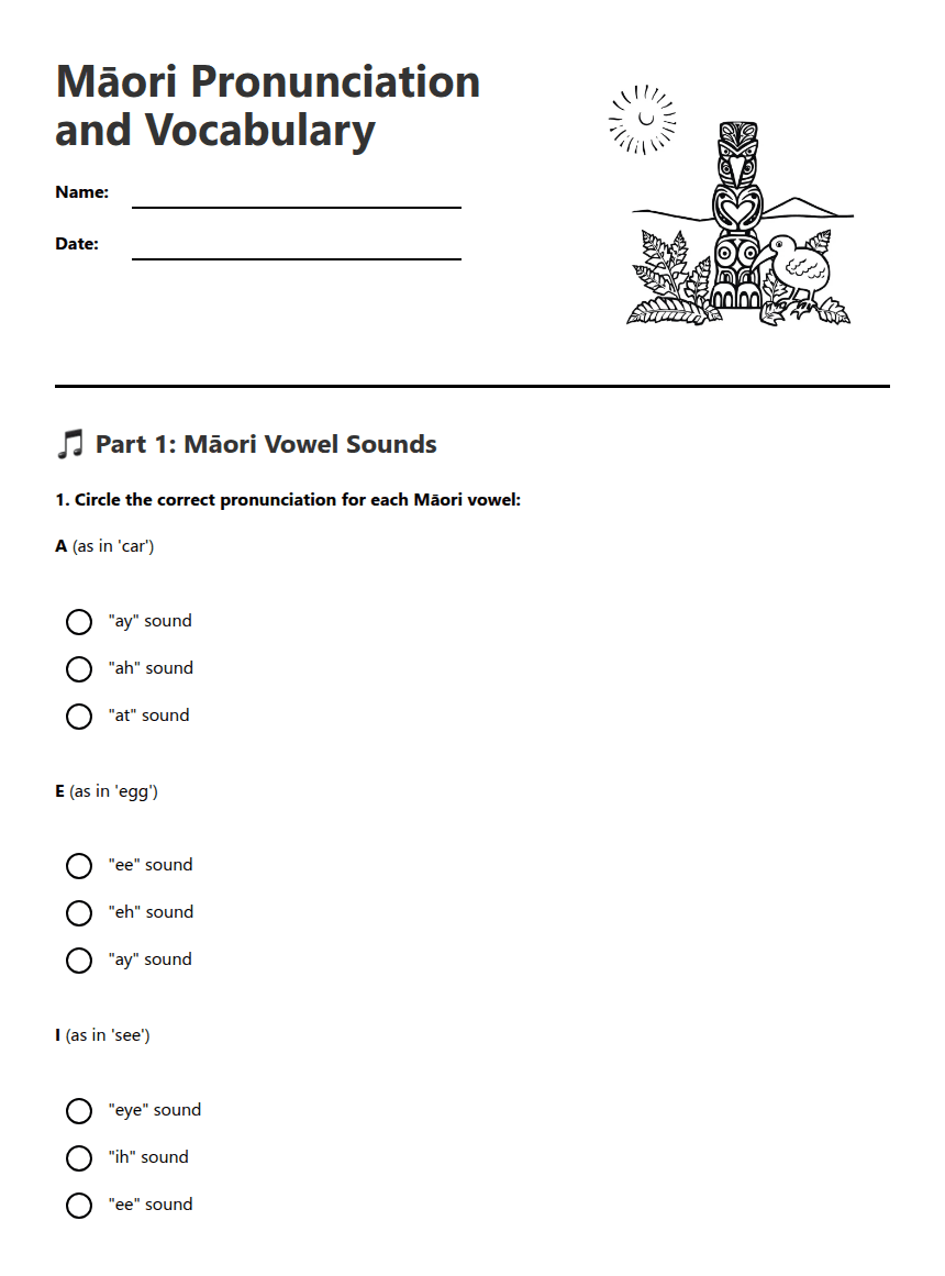 Māori Pronunciation and Vocabulary worksheet preview