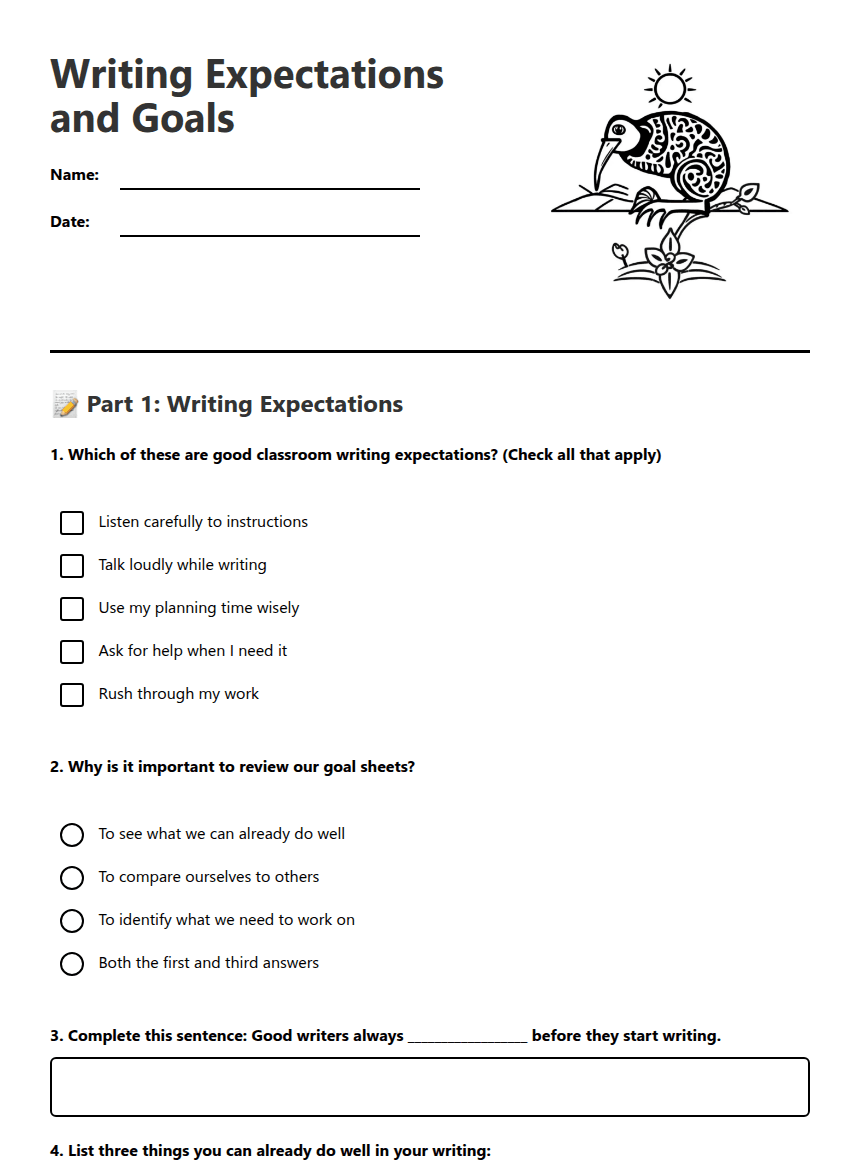 Writing Expectations and Goals worksheet preview