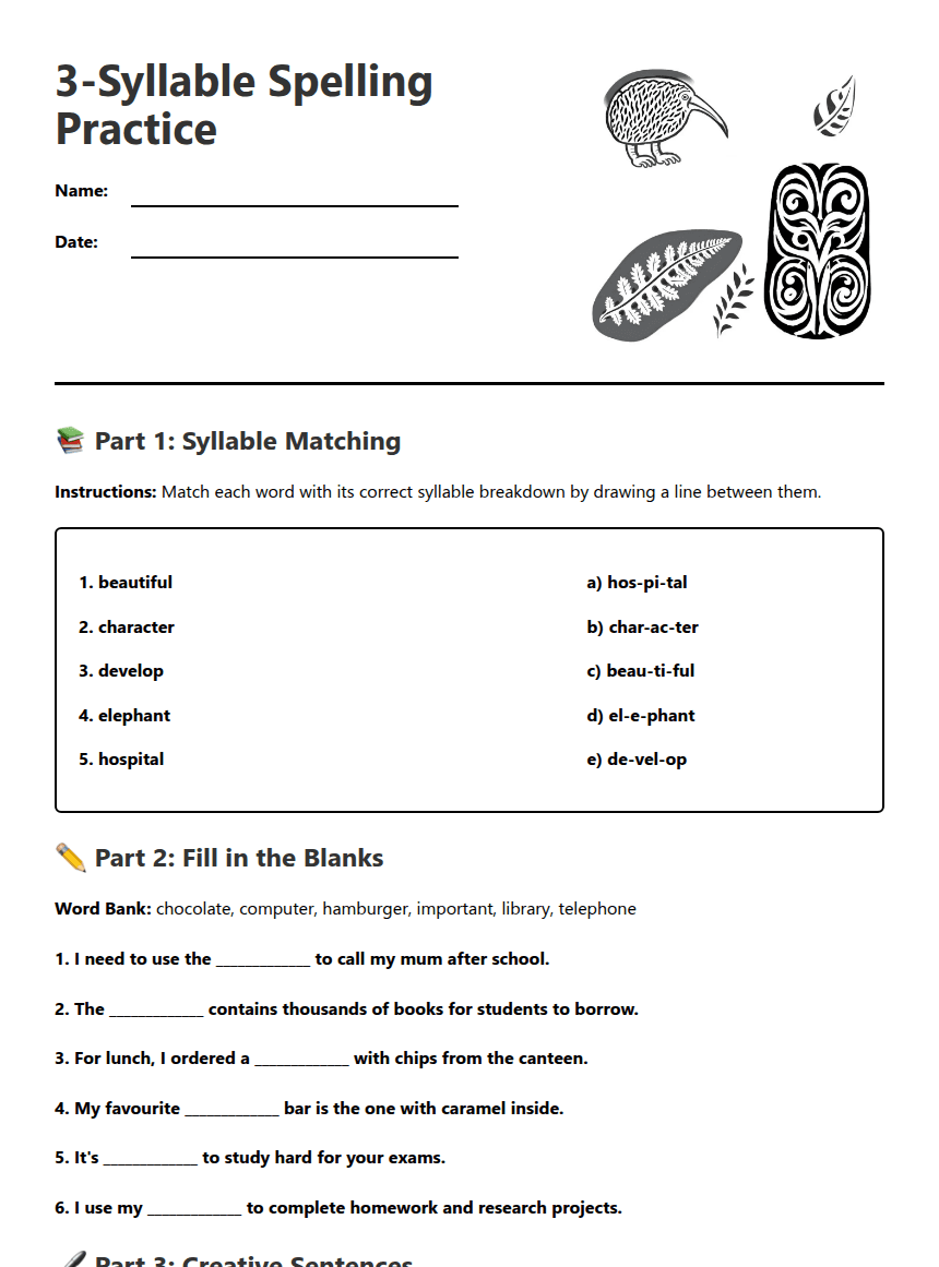 3-Syllable Spelling Practice worksheet preview
