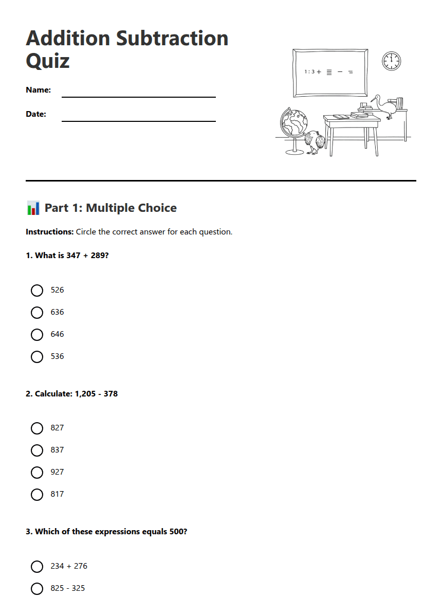 Addition Subtraction Quiz worksheet preview