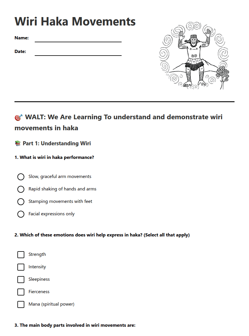 Wiri Haka Movements worksheet preview