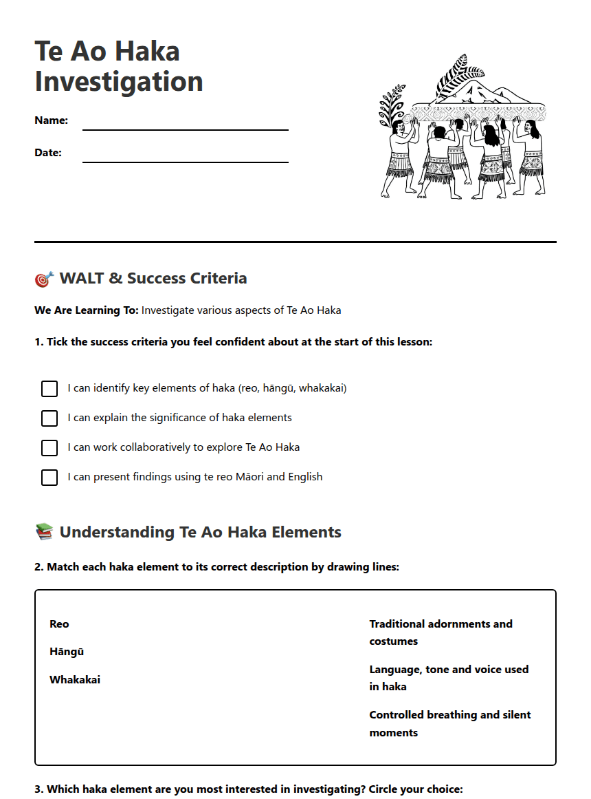 Te Ao Haka Investigation worksheet preview