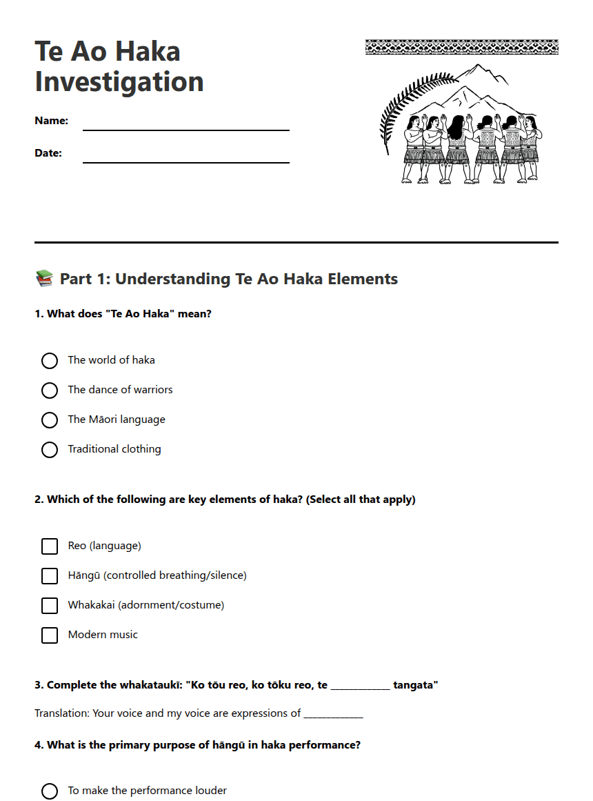 Te Ao Haka Investigation worksheet preview
