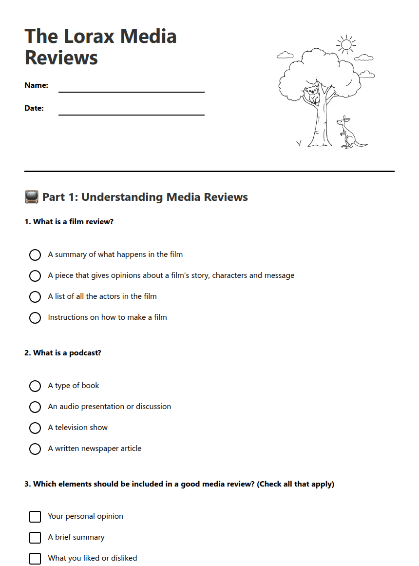 The Lorax Media Reviews worksheet preview