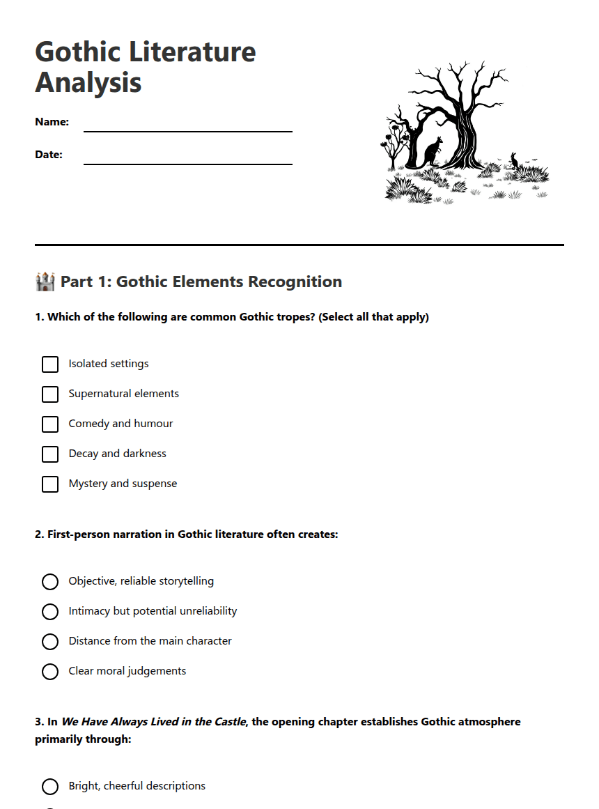 Gothic Literature Analysis worksheet preview