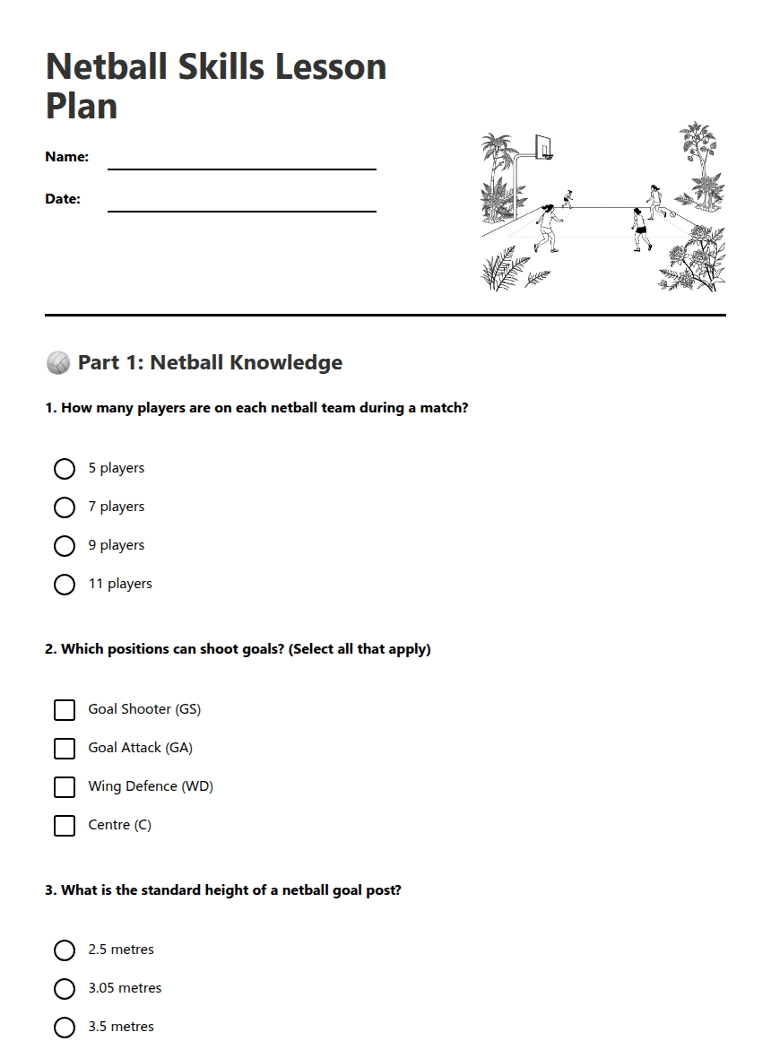 Netball Skills Lesson Plan worksheet preview