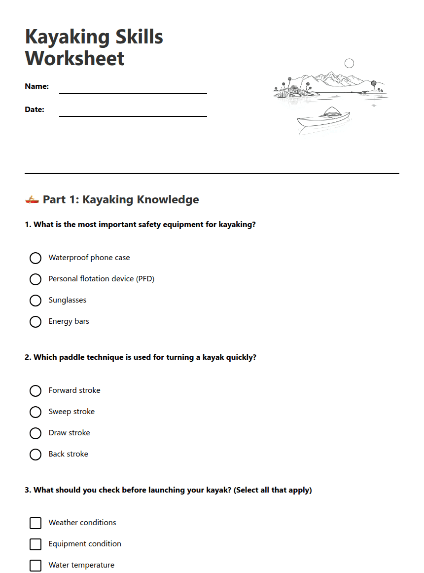 Kayaking Skills Worksheet worksheet preview