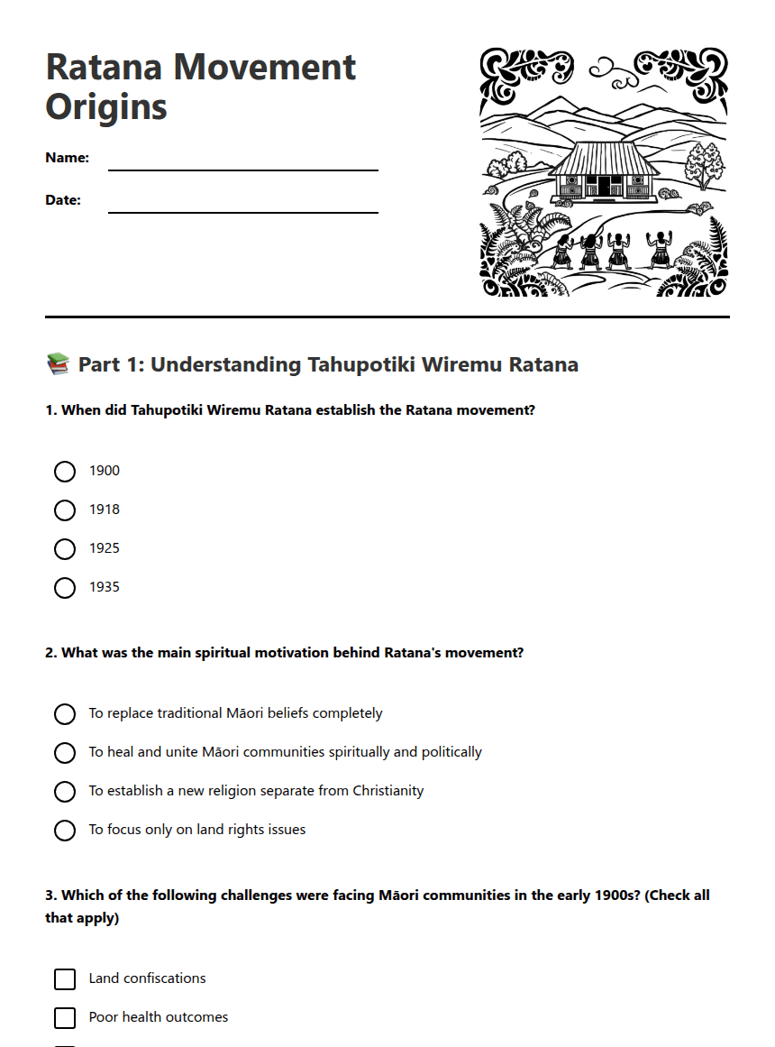 Ratana Movement Origins worksheet preview
