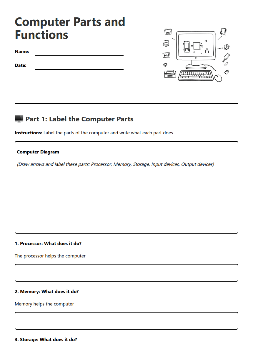 Computer Parts and Functions worksheet preview