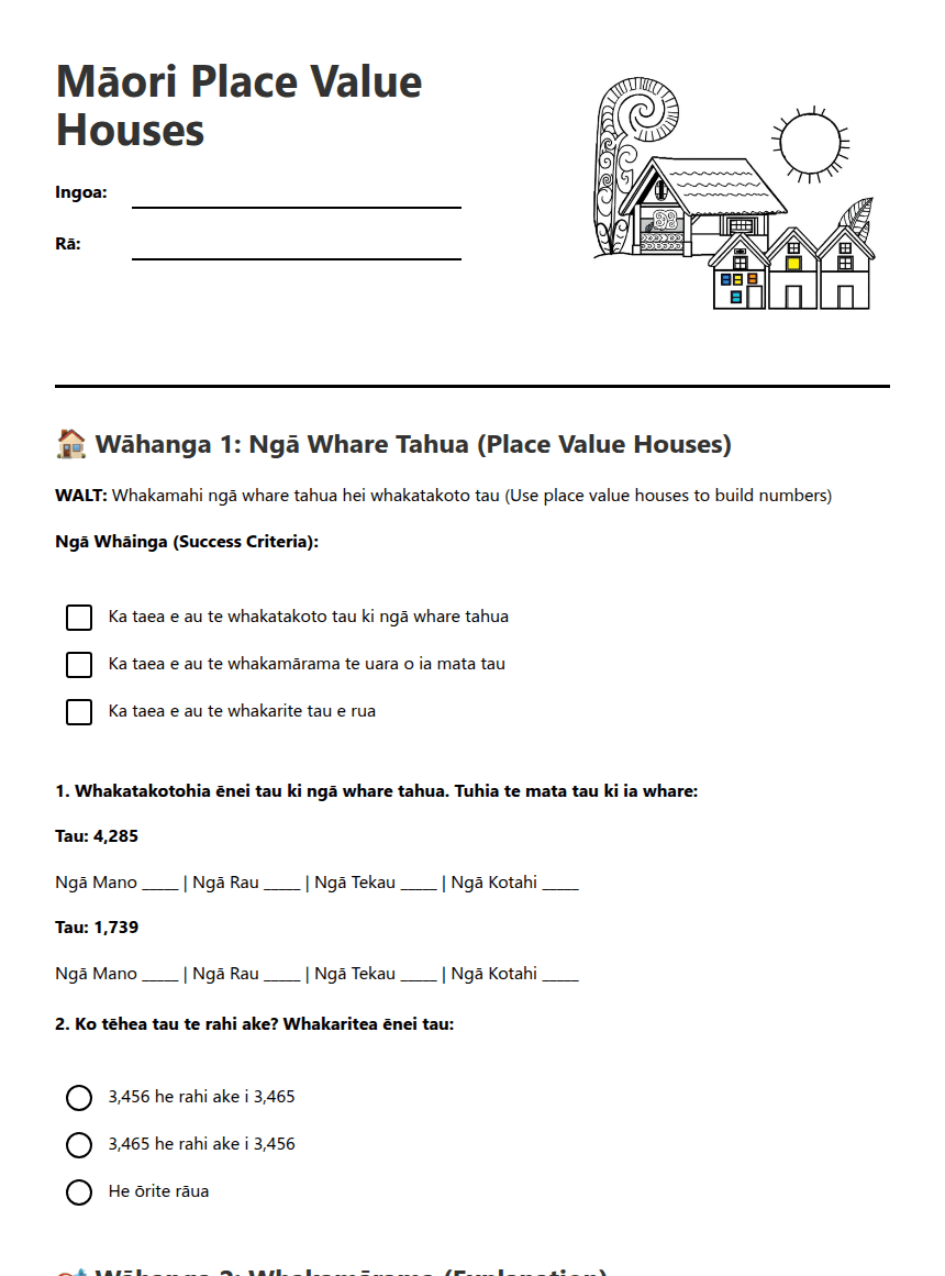 Māori Place Value Houses worksheet preview