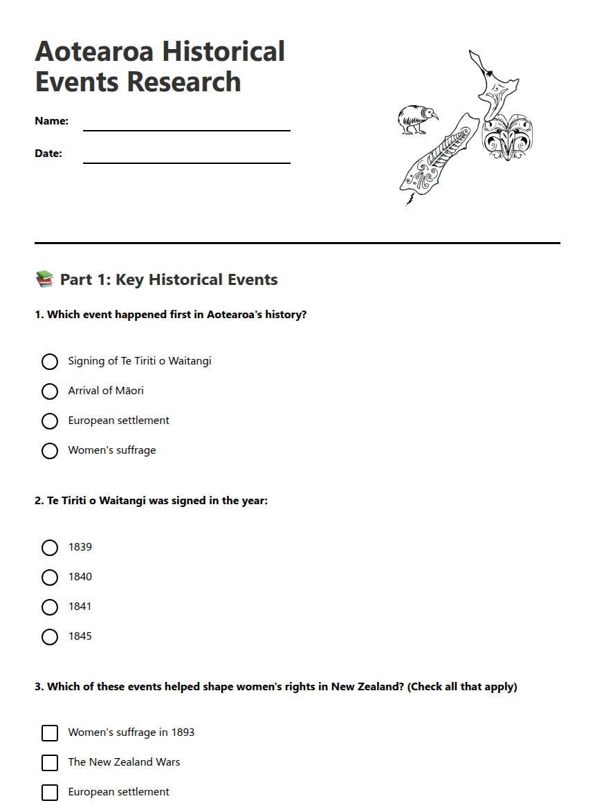 Aotearoa Historical Events Research worksheet preview