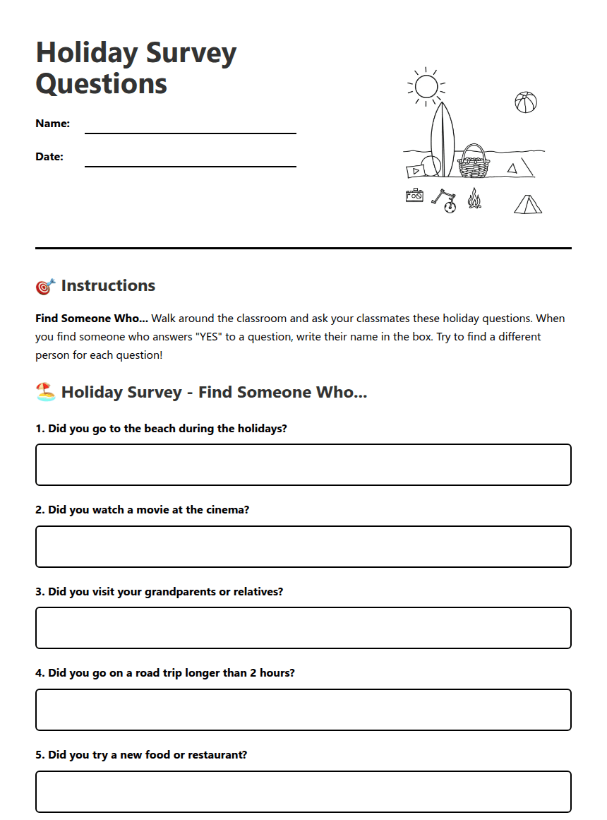 Holiday Survey Questions worksheet preview