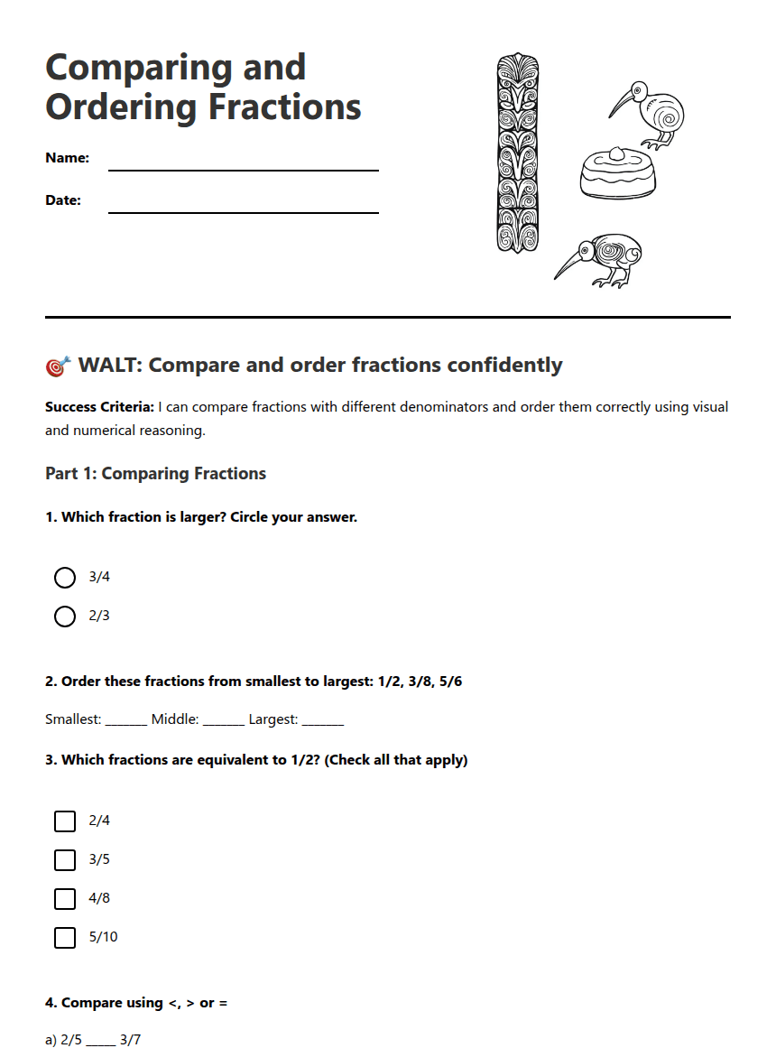 Comparing and Ordering Fractions worksheet preview